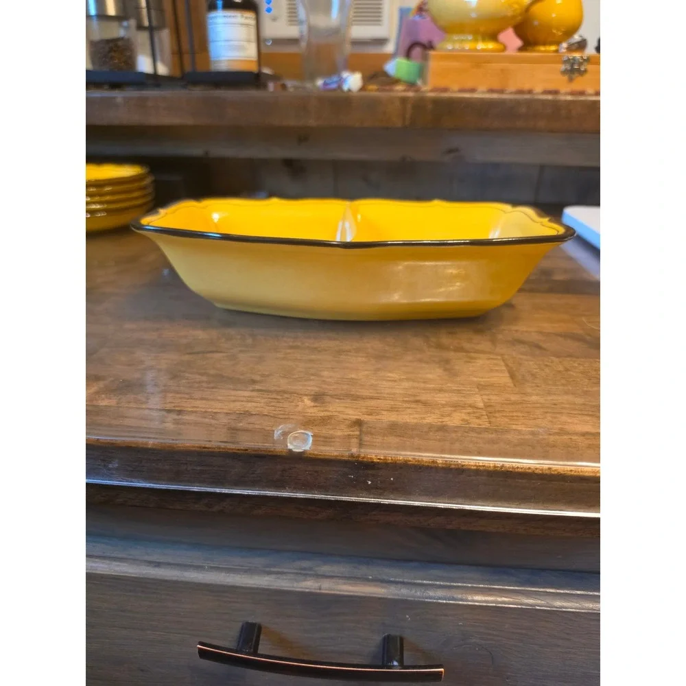 Vintage Yellow Divided Ceramic Serving Dish Scalloped Brown Rim Rectangular Tray
